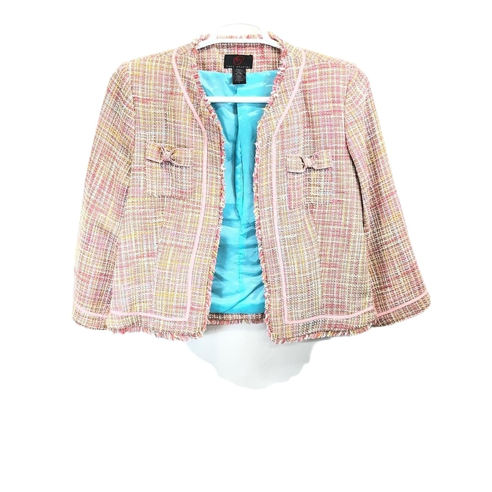 Vintage True Meaning Women's Multicolor Stylish Fringe Hem Tweed Blazer Large